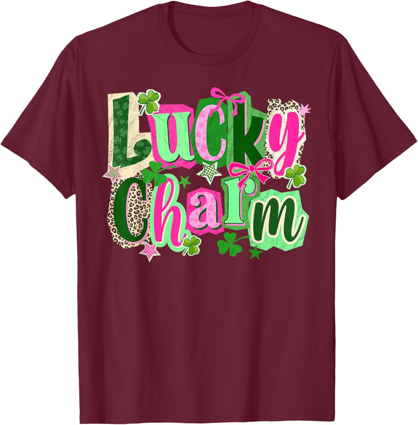 Lucky Charm Girly St Patrick Rainbow Clover Gold Pot Hearts T-Shirt - T-Shirt | Maroon