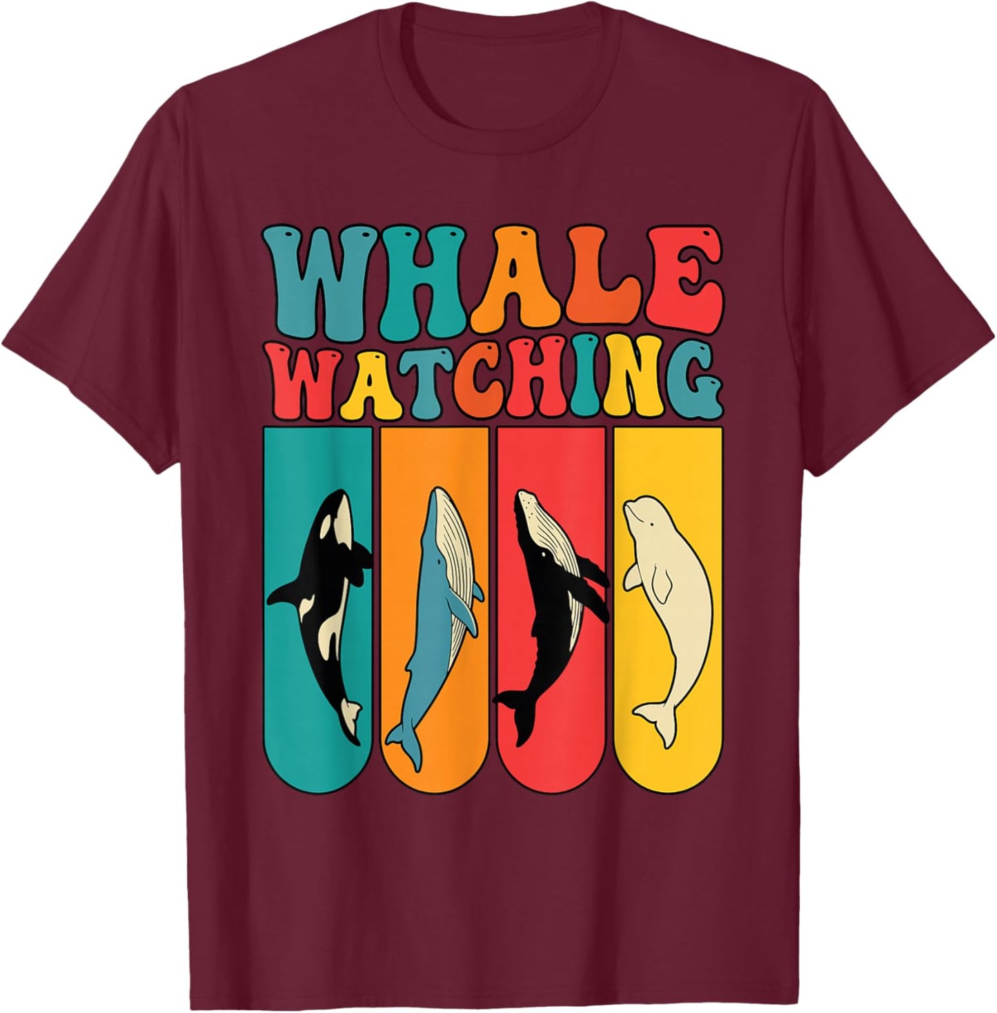Retro 70s Colorful Whale Watching Species T-Shirt - T-Shirt | Maroon