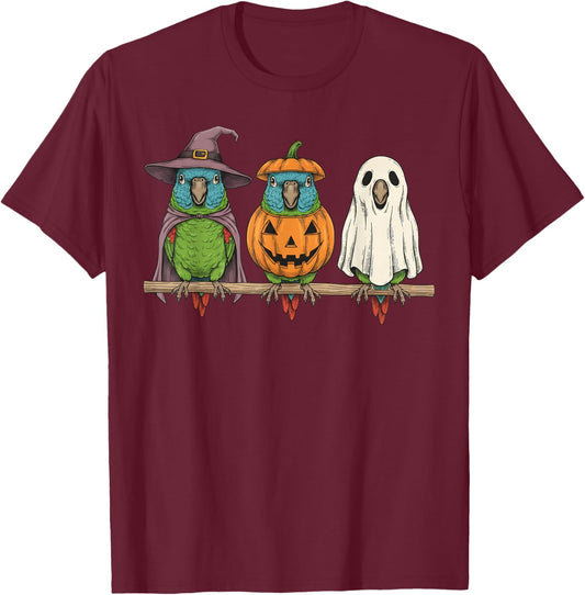 Spooky Ghost Blue Crowned Conure Parrot Pumpkin Halloween T-Shirt - T-Shirt | Maroon