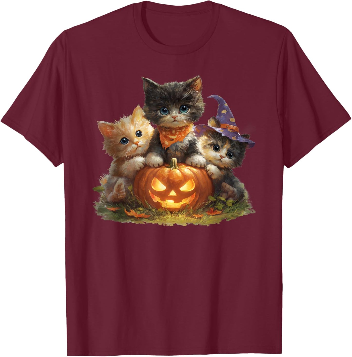 Vintage Kittens Pumpkin Cute Cat Spooky Season Halloween T-Shirt - T-Shirt | Maroon