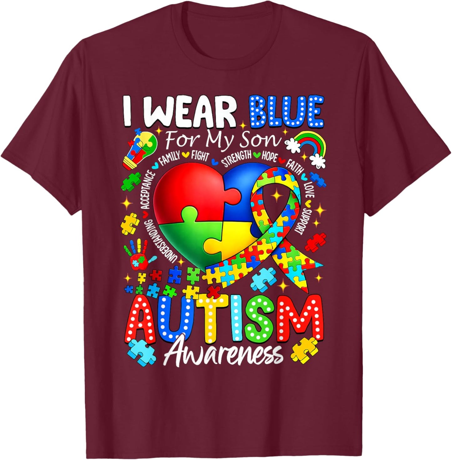I Wear Blue for My Son Autism Awareness Mom Men Women Kids T-Shirt - T-Shirt | Maroon