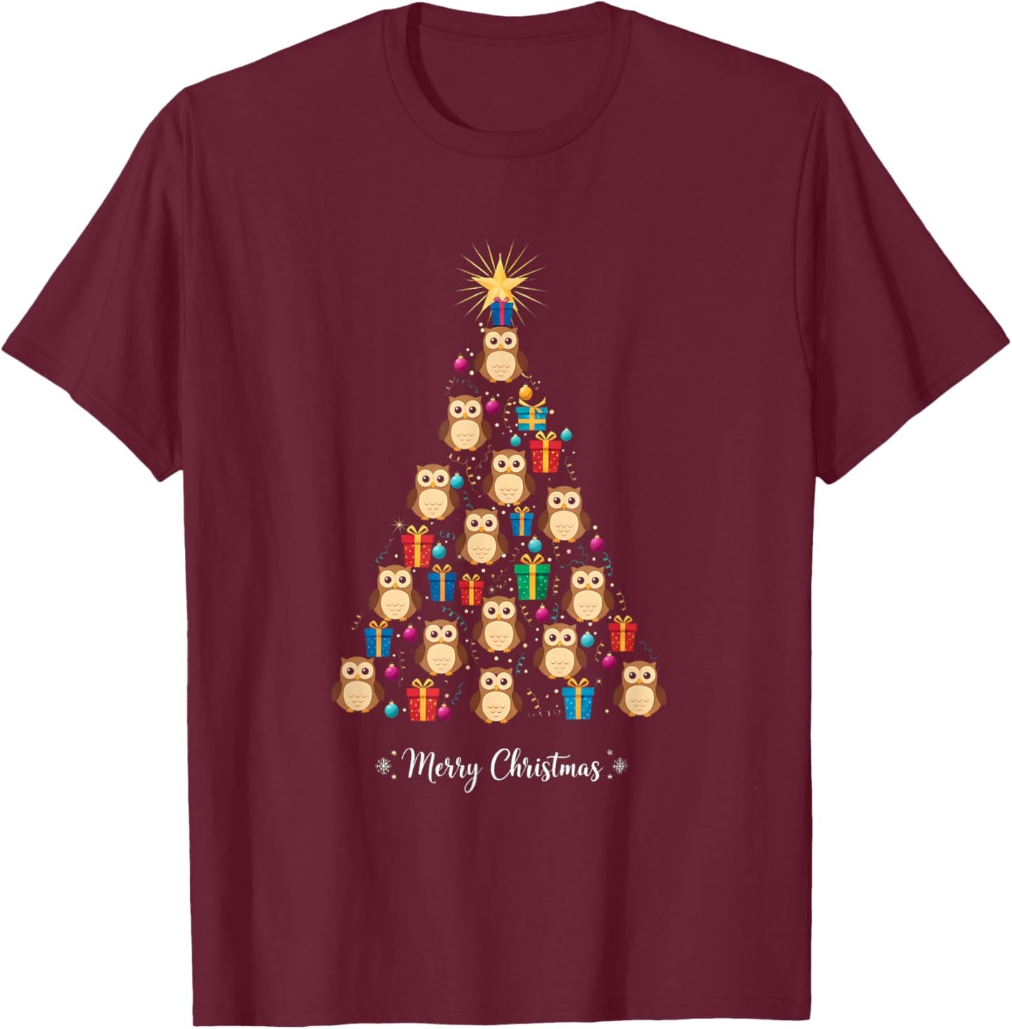 Owl Christmas Tree Xmas Day & Women T-Shirt - T-Shirt | Maroon