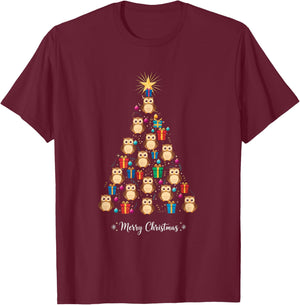Owl Christmas Tree Xmas Day & Women T-Shirt - T-Shirt | Maroon