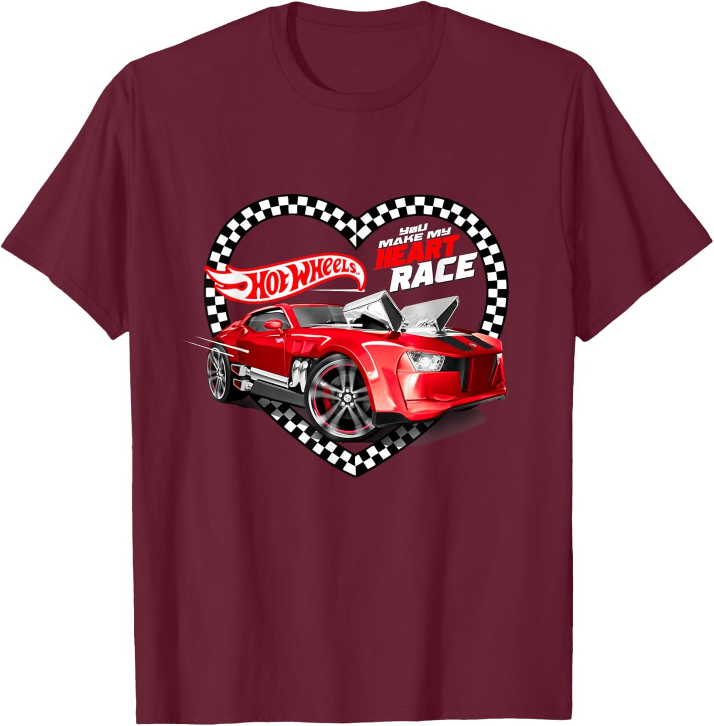 Hot Wheels Valentine's Day You Make My Heart Race Flag T-Shirt - T-Shirt | Maroon