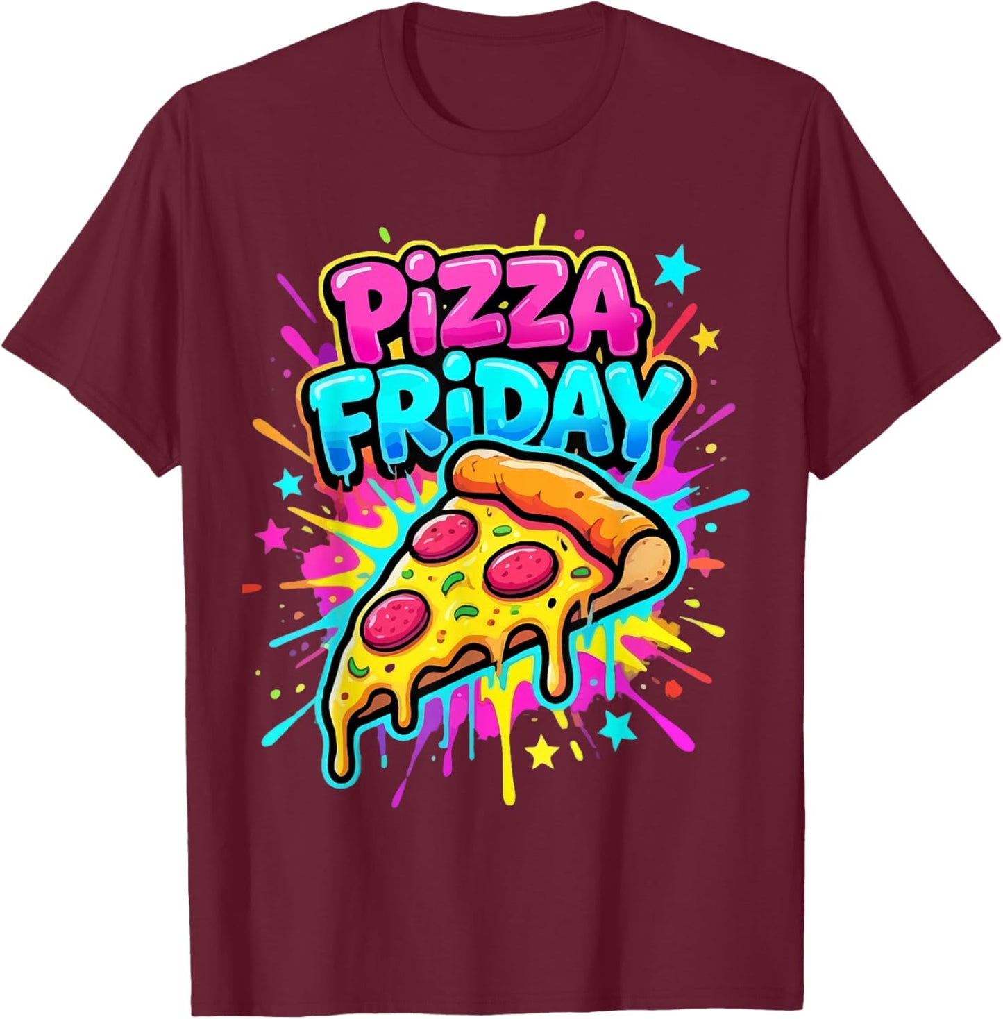 Pizza Friday Colorful Graffiti Style Men Women Kids T-Shirt - T-Shirt | Maroon