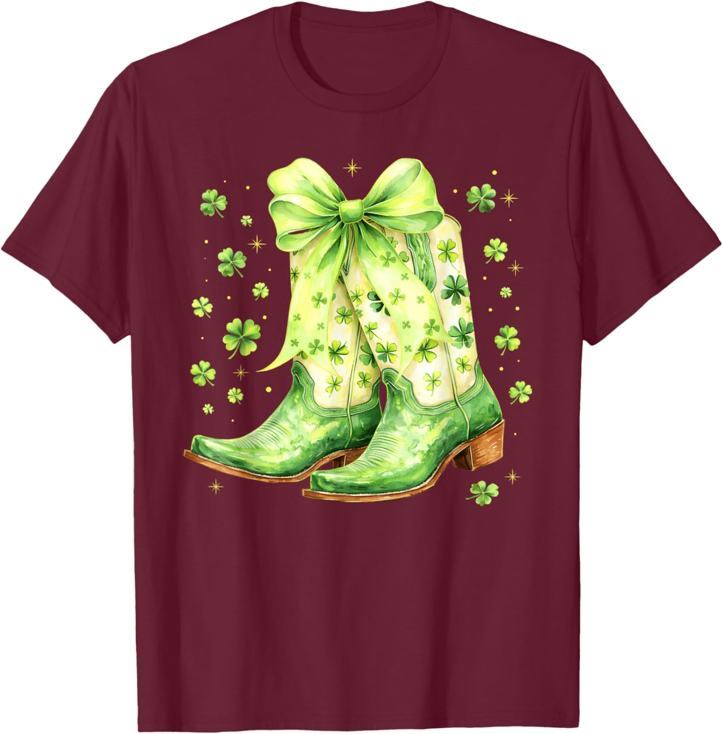 St Patricks Day Cowgirl Cowboy Boots Coquette Bow Women Girl T-Shirt - T-Shirt | Maroon