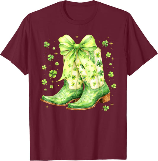 St Patricks Day Cowgirl Cowboy Boots Coquette Bow Women Girl T-Shirt - T-Shirt | Maroon