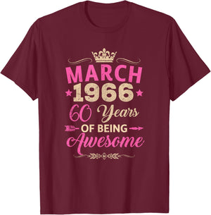 March 1966 60 Years of Being Awesome Retro 60Th Birthday T-Shirt - T-Shirt | Maroon