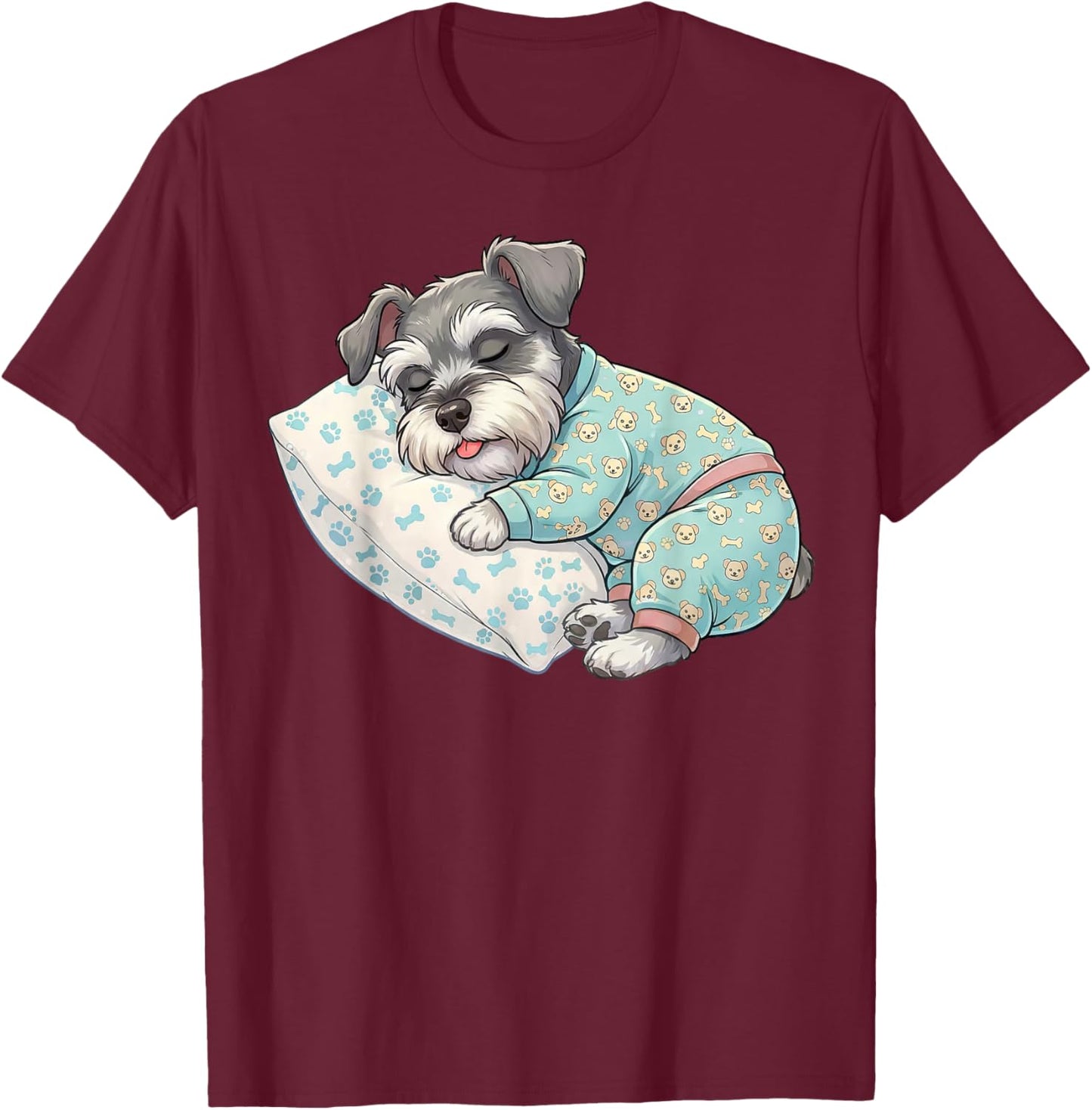 Cute Miniature Schnauzer Dog Sleeping in Pajamas Bedtime Art T-Shirt - T-Shirt | Maroon