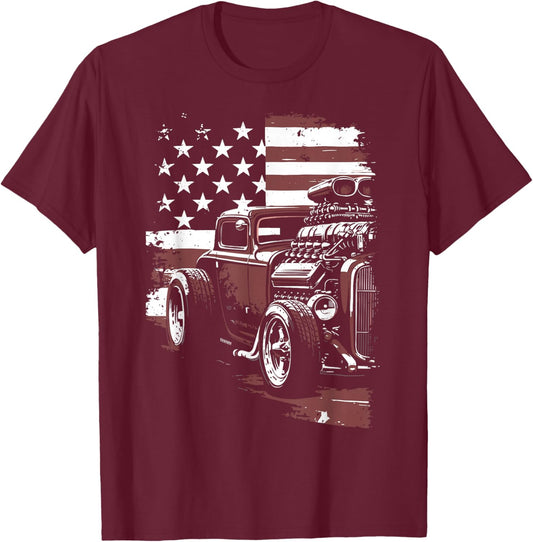 Patriotic Muscle Car Hot Rod USA Flag T-Shirt - T-Shirt | Maroon