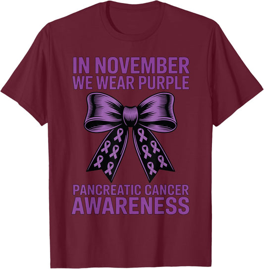 Pancreatic Cancer Coquette Bow in November We Wear Purple T-Shirt - T-Shirt | Maroon