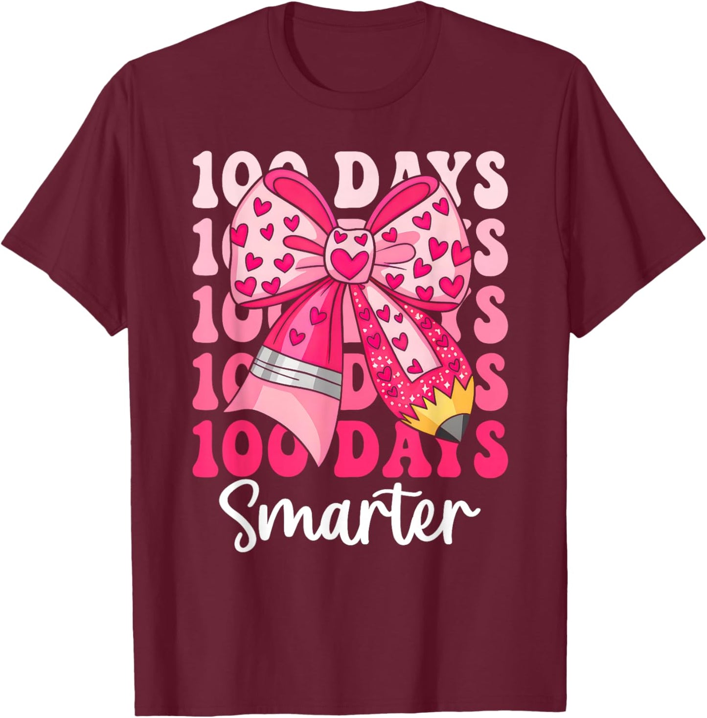 100 Days Smarter Coquette Bow Girls Kids 100th Day of School T-Shirt - T-Shirt | Maroon