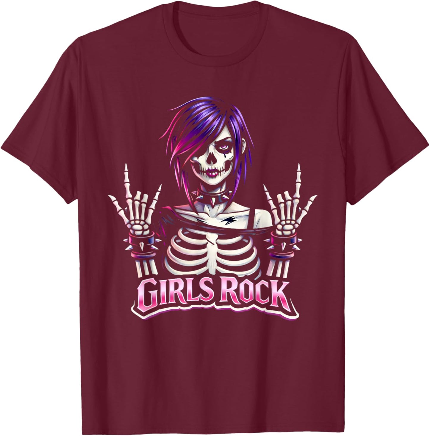 Girls Rock, Rock'n Roll Girl, Skeleton Rocker Gothic Goth T-Shirt - T-Shirt | Maroon