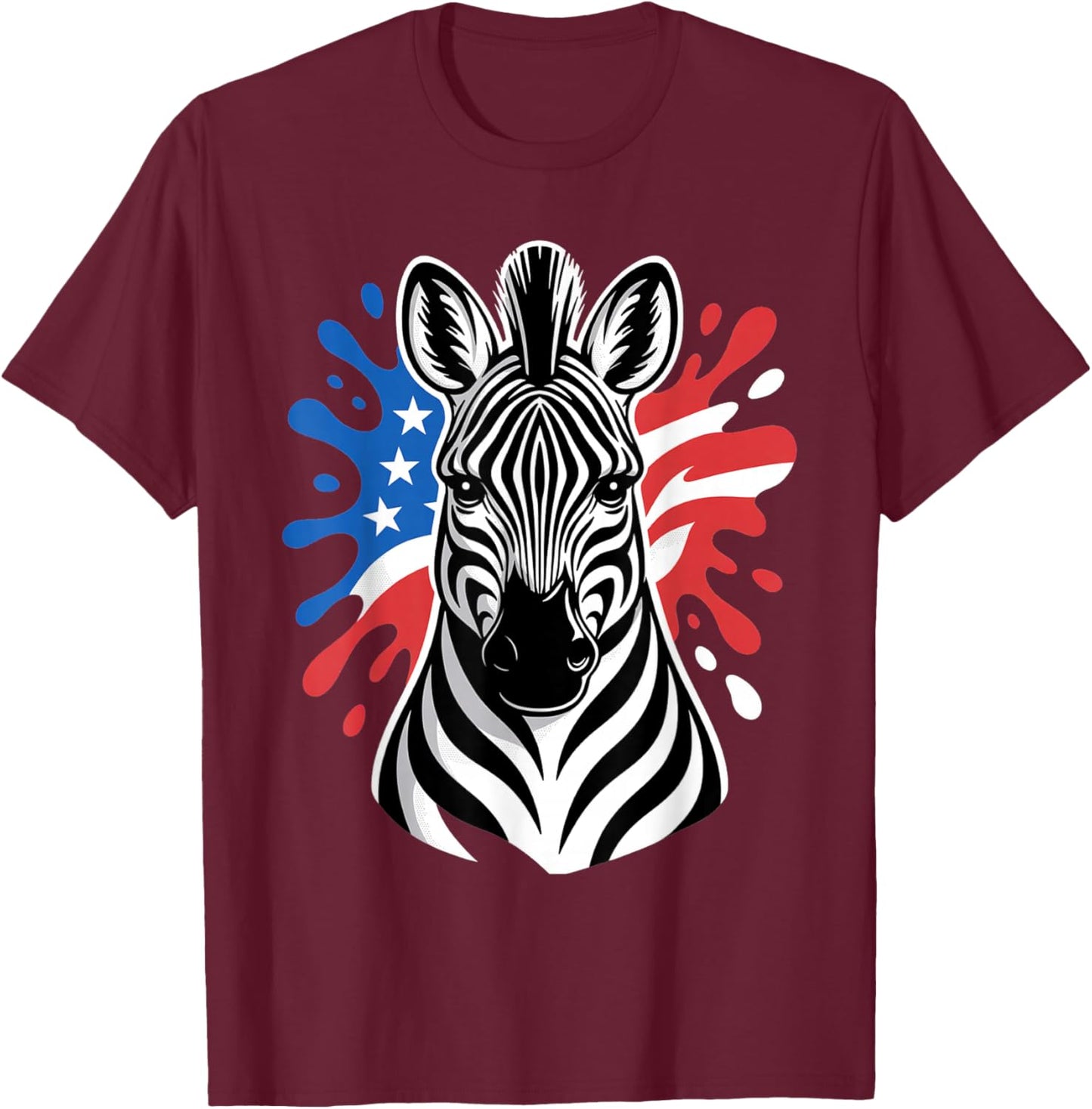 Patriotic Zebra Red White Blue American Flag Paint Splash T-Shirt - T-Shirt | Maroon