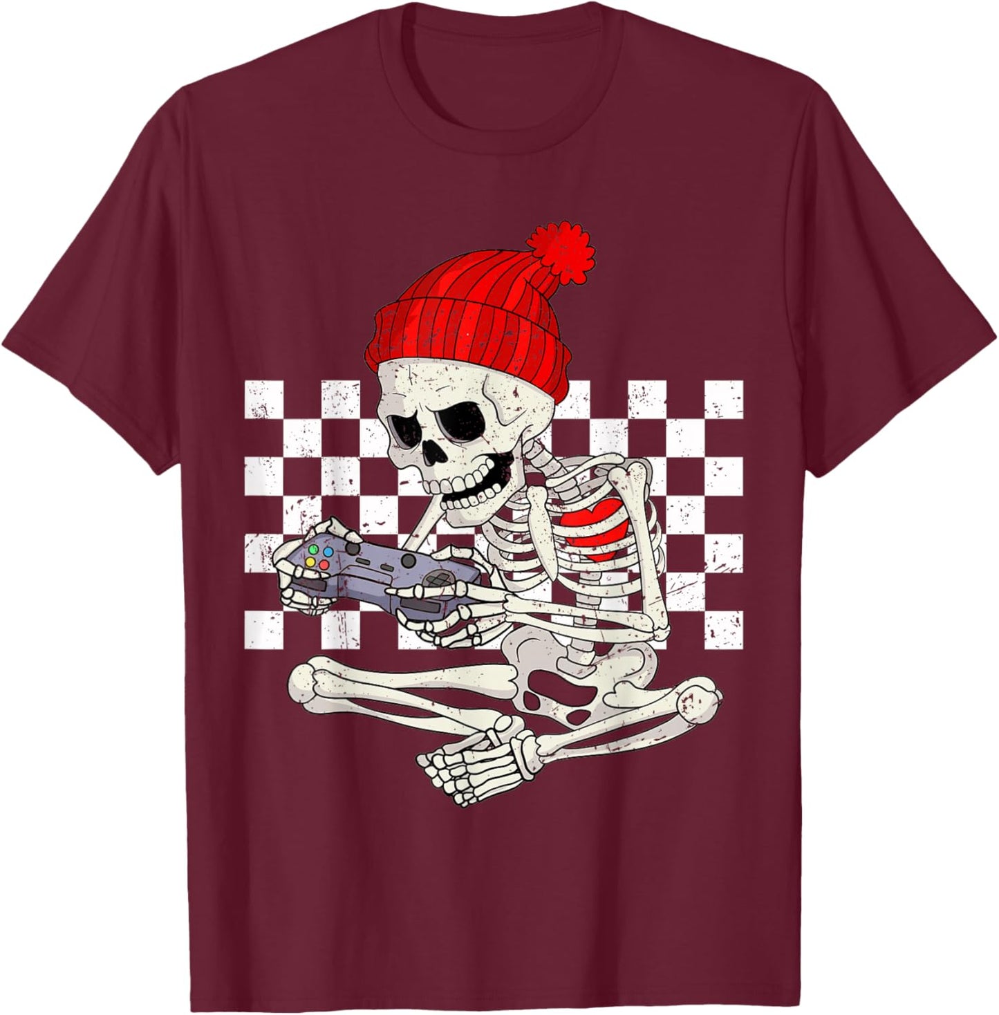 Funny Boys Valentines Skeleton Gamer Video Games Gaming T-Shirt - T-Shirt | Maroon