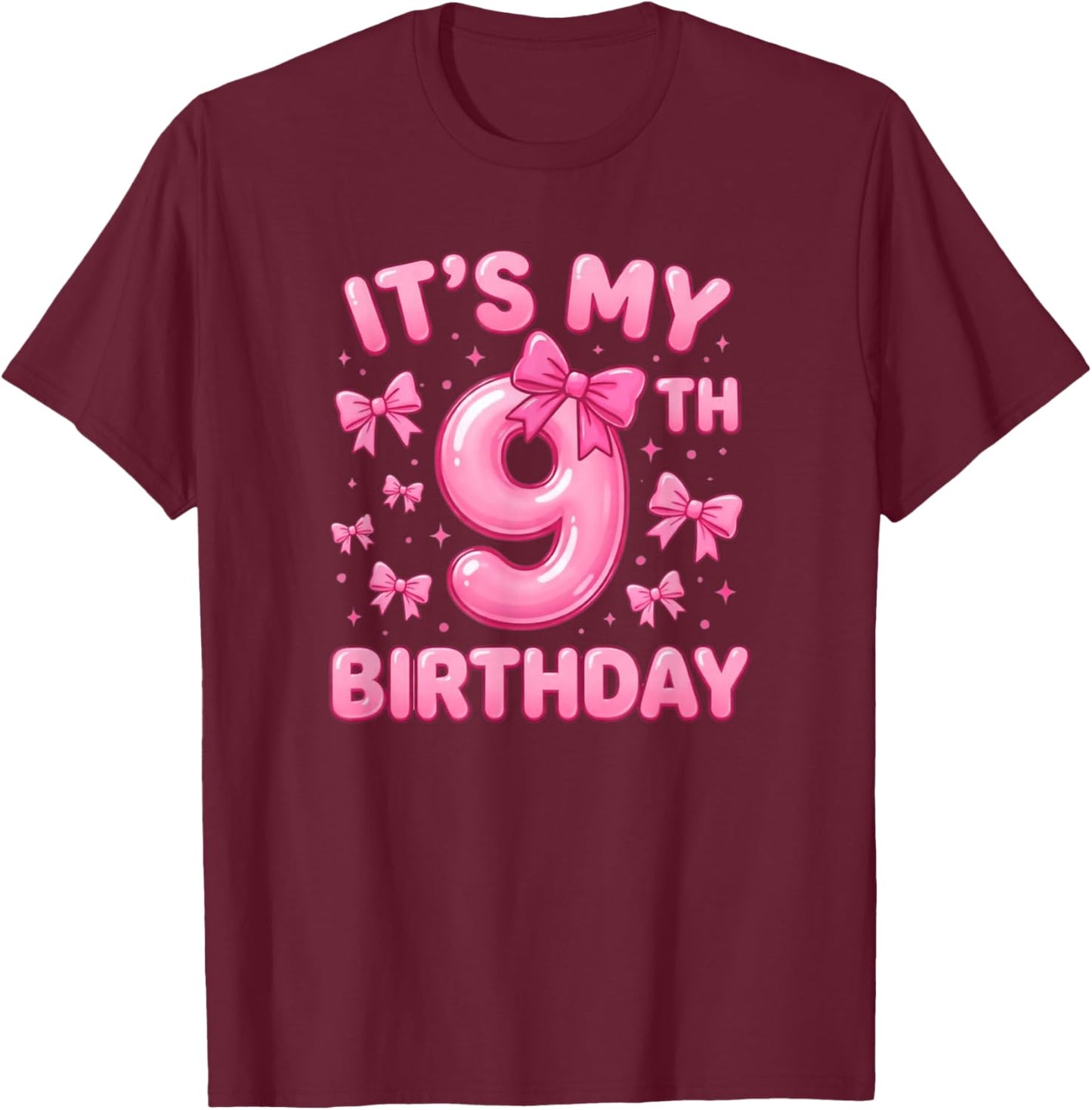 9th Birthday Girl Coquette Bow Pink Aesthetic T-Shirt - T-Shirt | Maroon