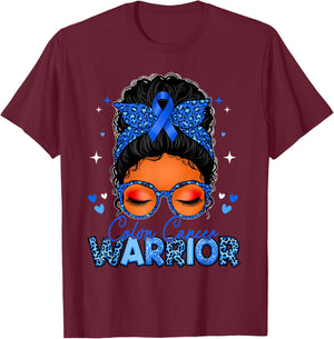 Colon Cancer Warrior Blue Messy Bun Colon Cancer Awareness T-Shirt - T-Shirt | Maroon