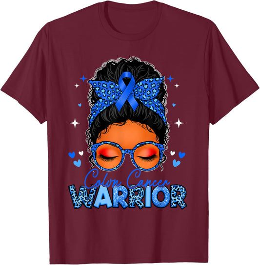 Colon Cancer Warrior Blue Messy Bun Colon Cancer Awareness T-Shirt - T-Shirt | Maroon