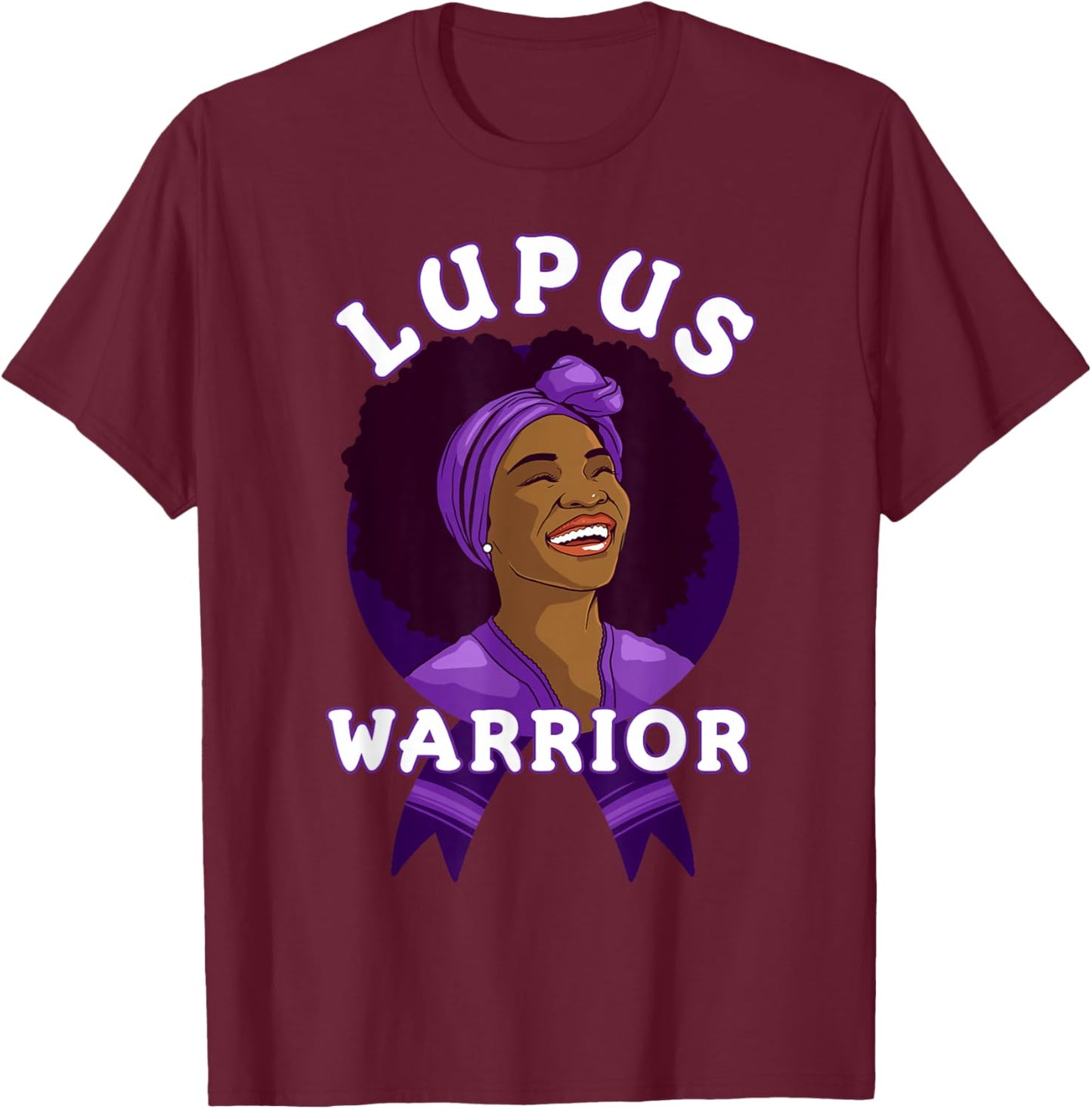 Lupus Warrior Afro Black Woman Wear Purple Ribbon Awareness T-Shirt - T-Shirt | Maroon