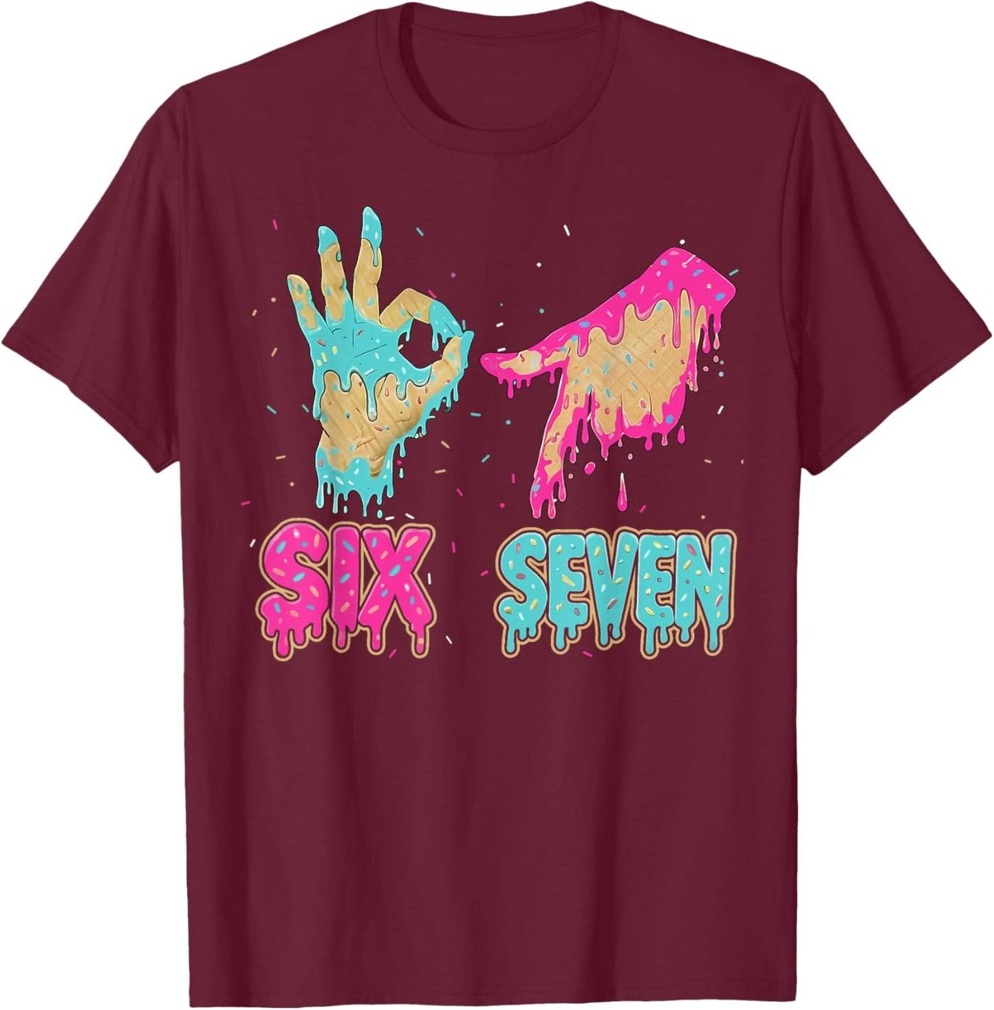 Funny Six Seven 67 Meme Ice Cream Drip Baseball for Boy Kids T-Shirt - T-Shirt | Maroon