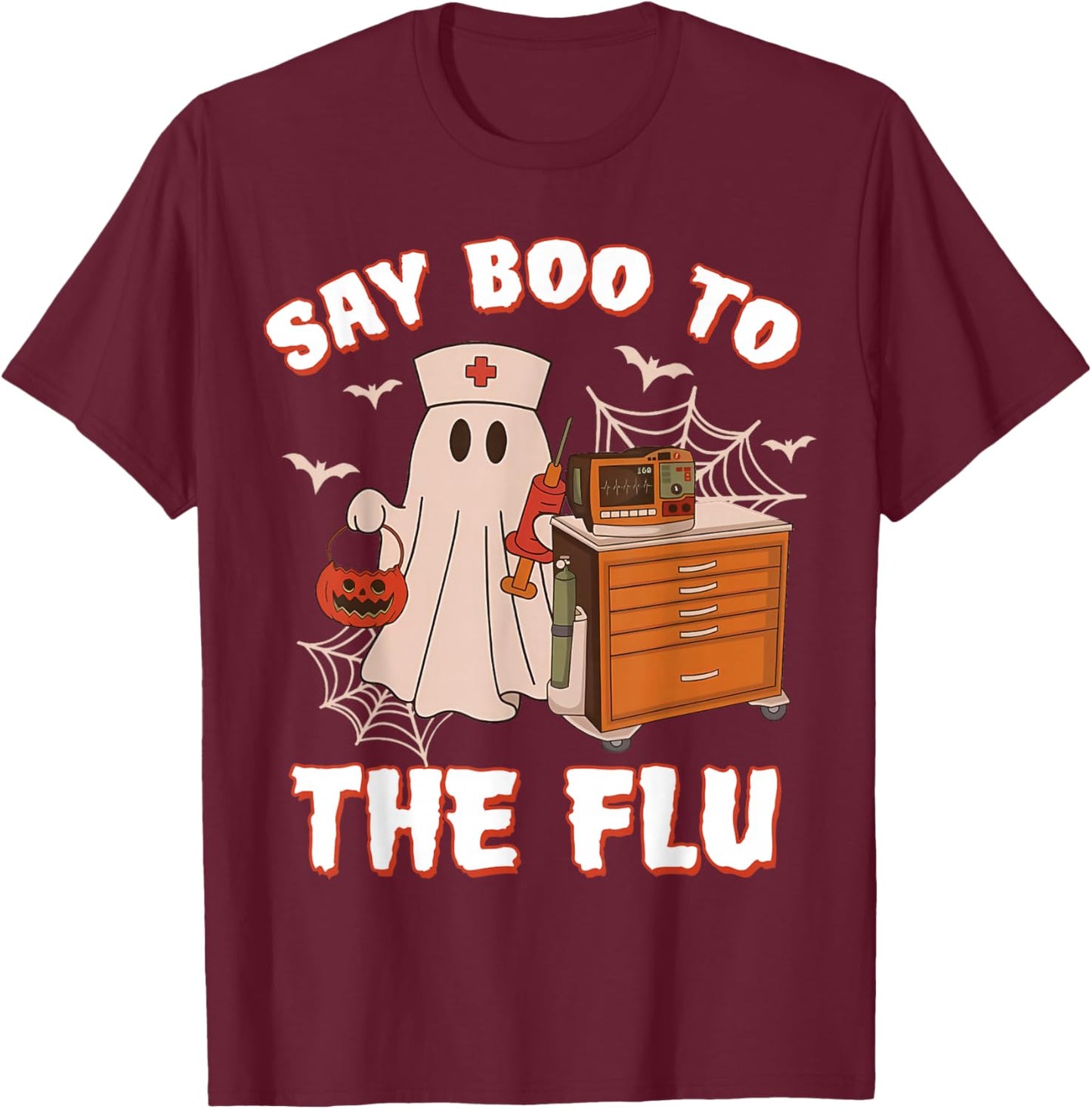 Retro Nurse Ghost Halloween-Vaccine Say Boo to The Flu T-Shirt - T-Shirt | Maroon