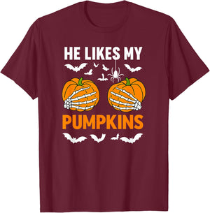 He Likes My Pumpkins She Like My Broomstick Couple Halloween T-Shirt - T-Shirt | Maroon