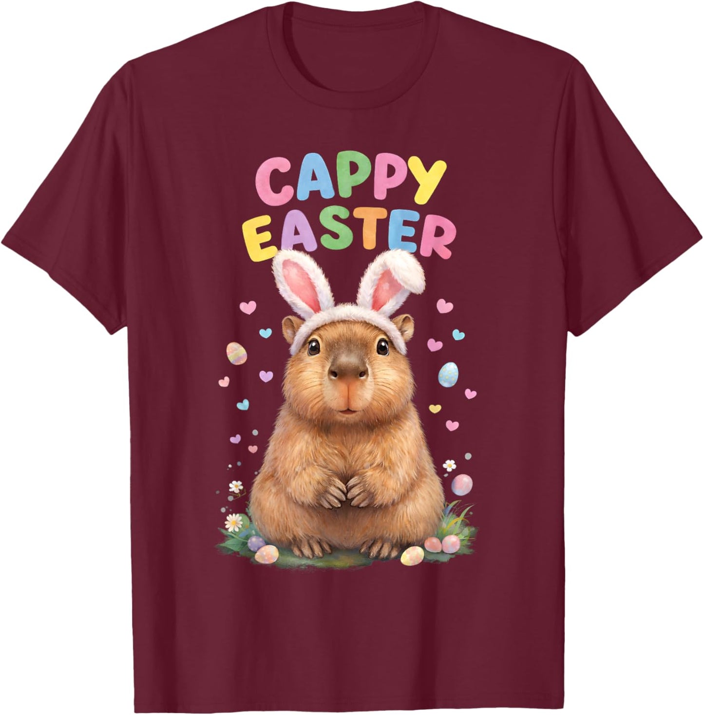 Funny Cappy Easter Capybara Easter Bunny Men Women Kids T-Shirt - T-Shirt | Maroon