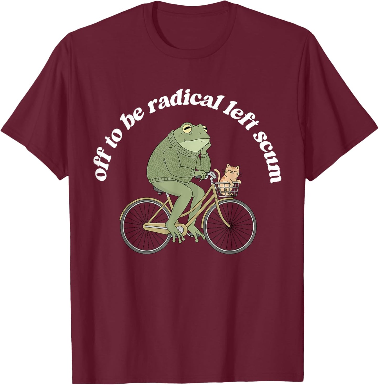 Off to Be Radical Left Funny Cum Frog and Cat Bicycle Print T-Shirt - T-Shirt | Maroon