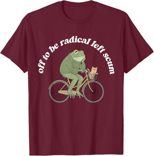 Off to Be Radical Left Funny Cum Frog and Cat Bicycle Print T-Shirt - T-Shirt | Maroon