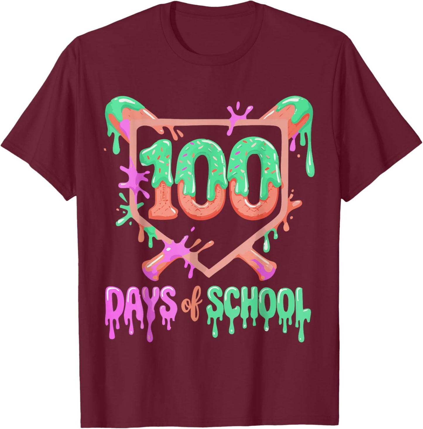 100 Days of School Baseball Ice Cream Drip 100th Day Player T-Shirt - T-Shirt | Maroon