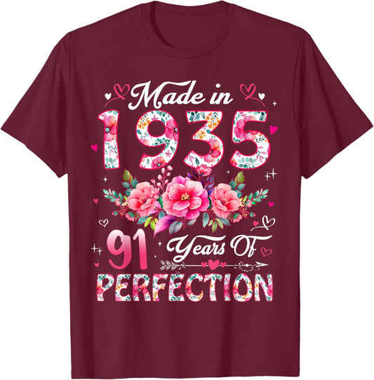 91 Year Old Made in 1935 Floral 91st Birthday Women T-Shirt - T-Shirt | Maroon