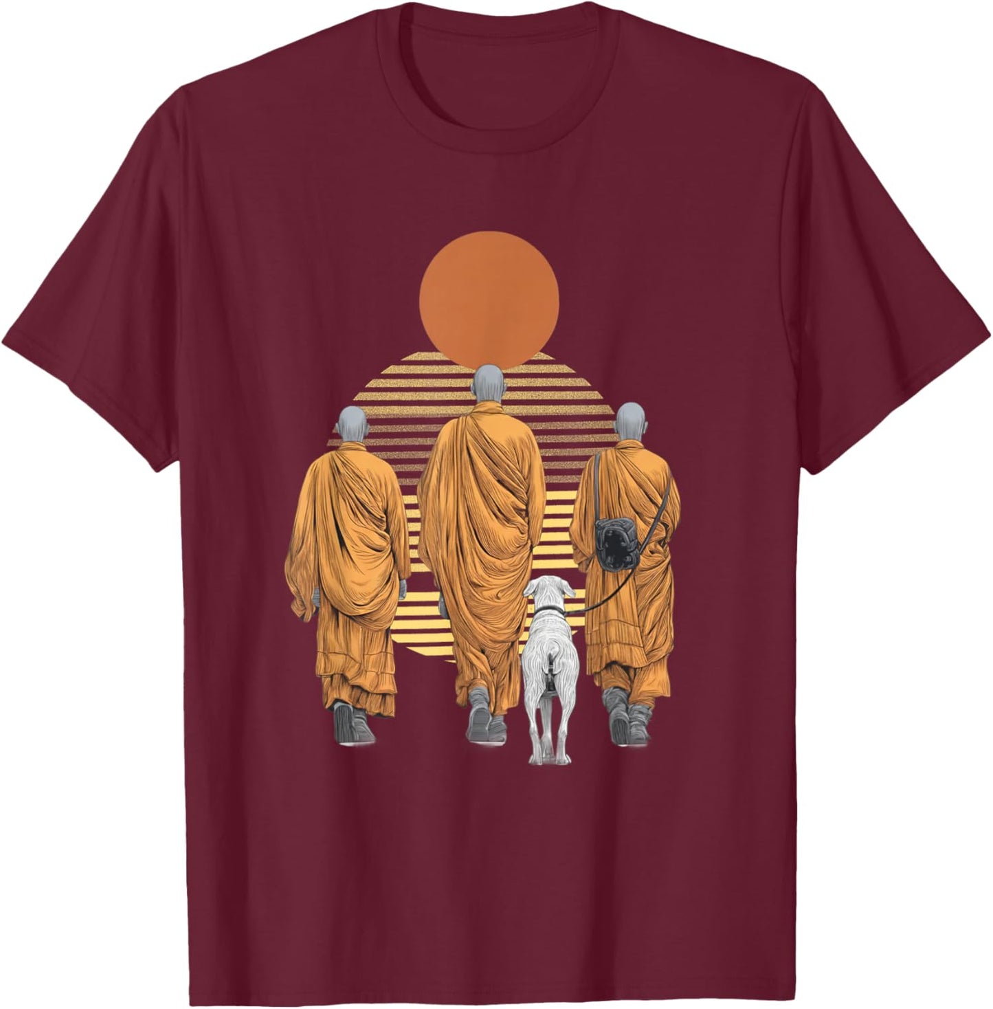 Three Monks and Aloka Dog Spiritual Zen Art Peaceful T-Shirt - T-Shirt | Maroon