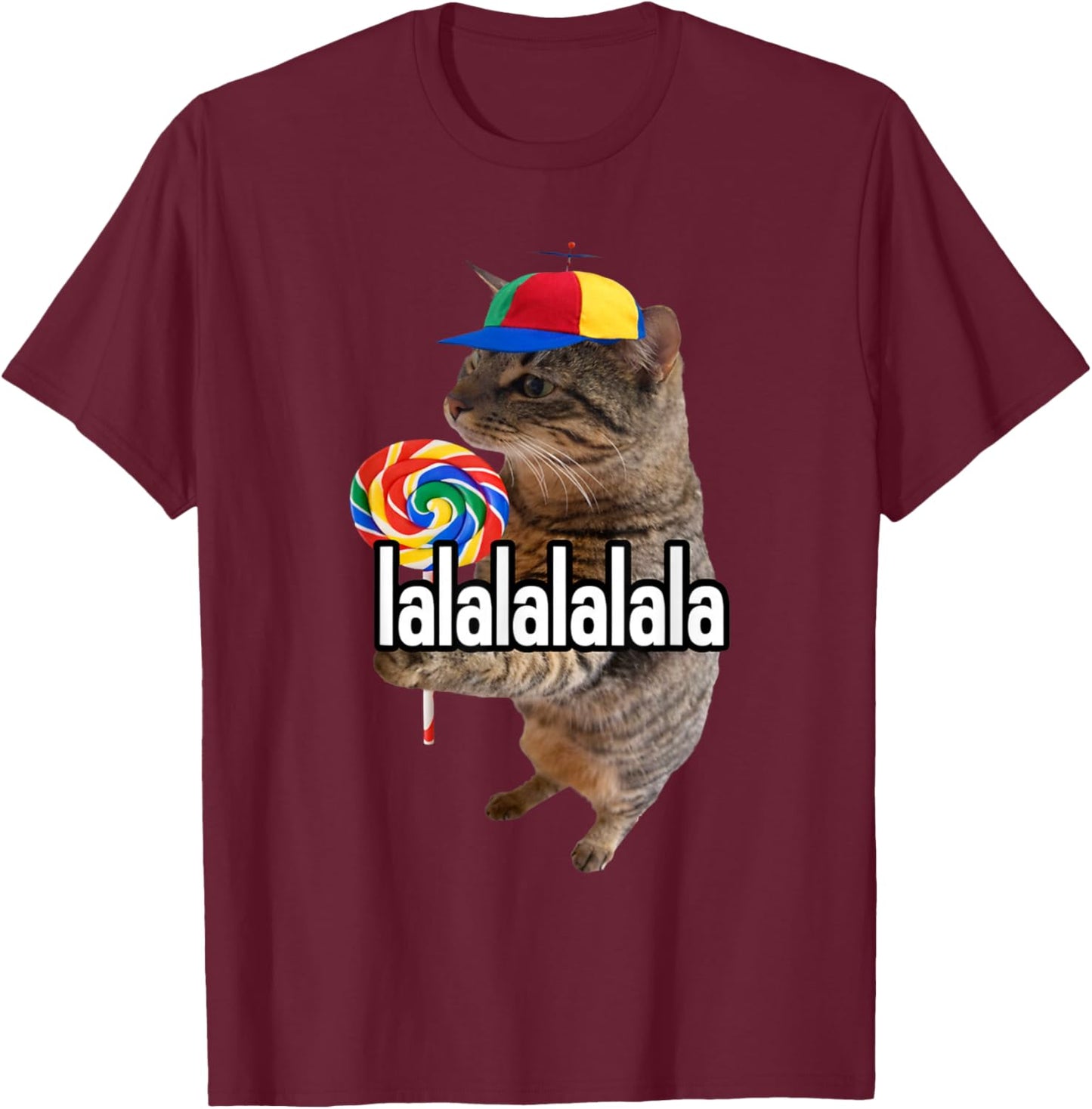Lalalala Funny Silly Cat with Lollipop Meme Men Women T-Shirt - T-Shirt | Maroon