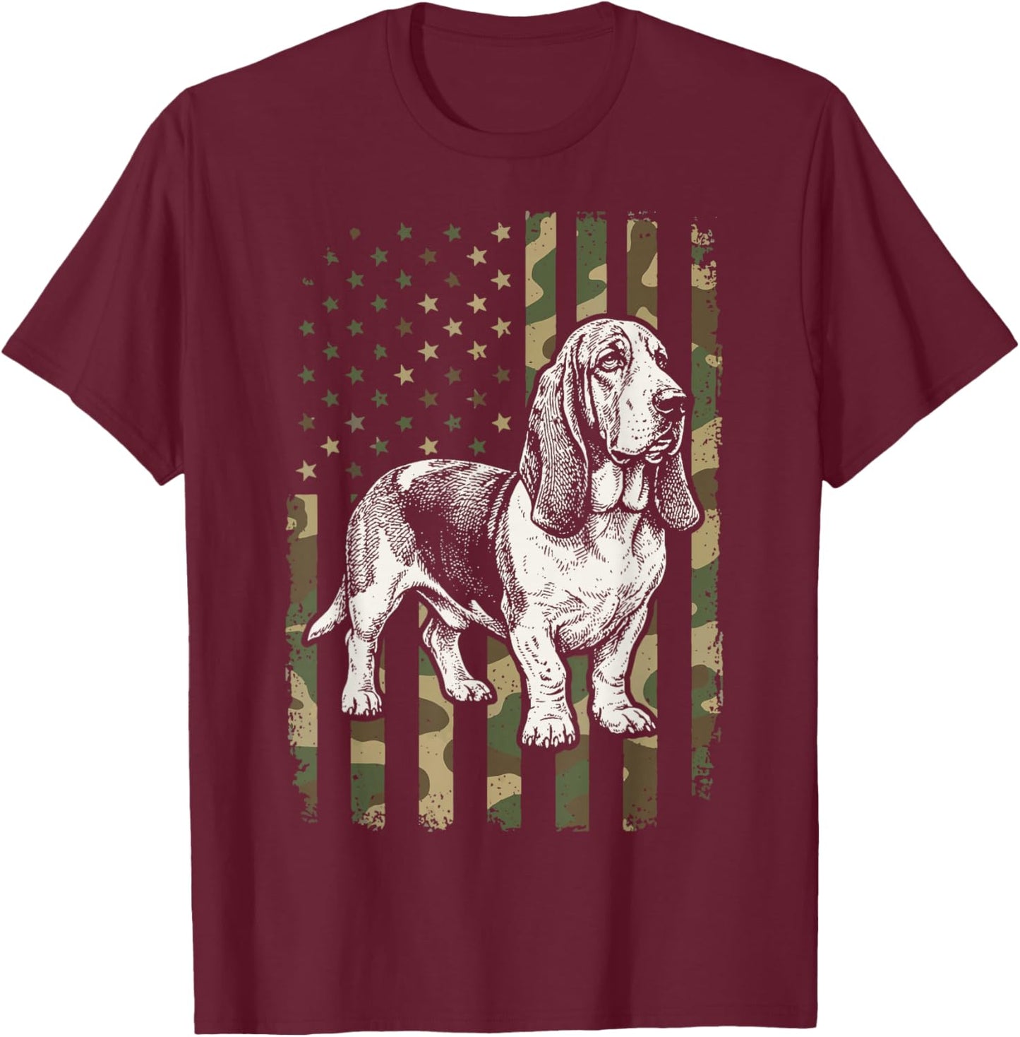 Basset Hound USA Flag 4th of July T-Shirt - T-Shirt | Maroon