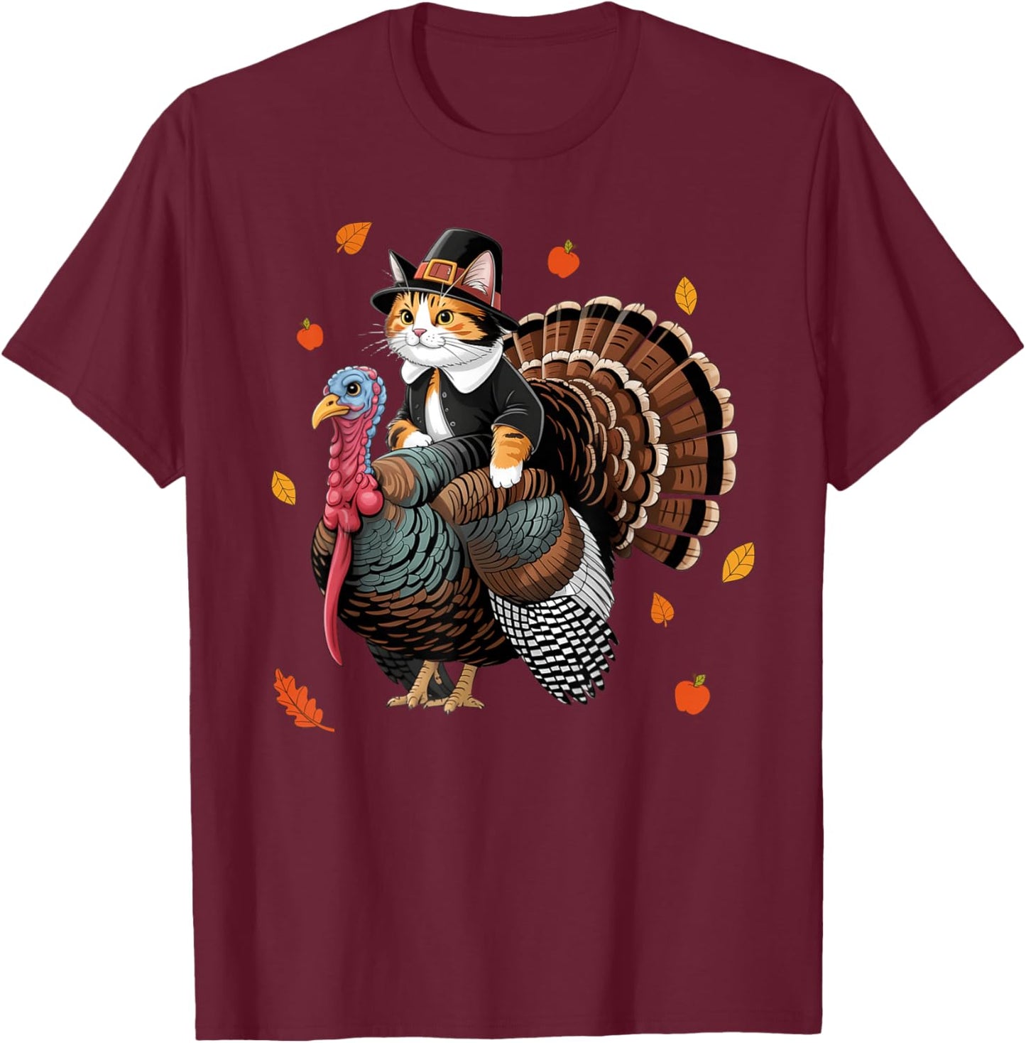 Cat Pilgrim Costume Thanksgiving Turkey Men Women Girls Kids T-Shirt - T-Shirt | Maroon