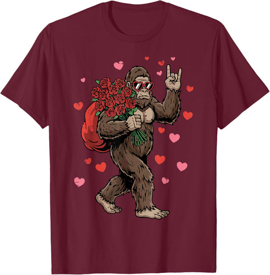 Bigfoot Valentine Sasquatch Valentines Day Men Women Kids T-Shirt - T-Shirt | Maroon