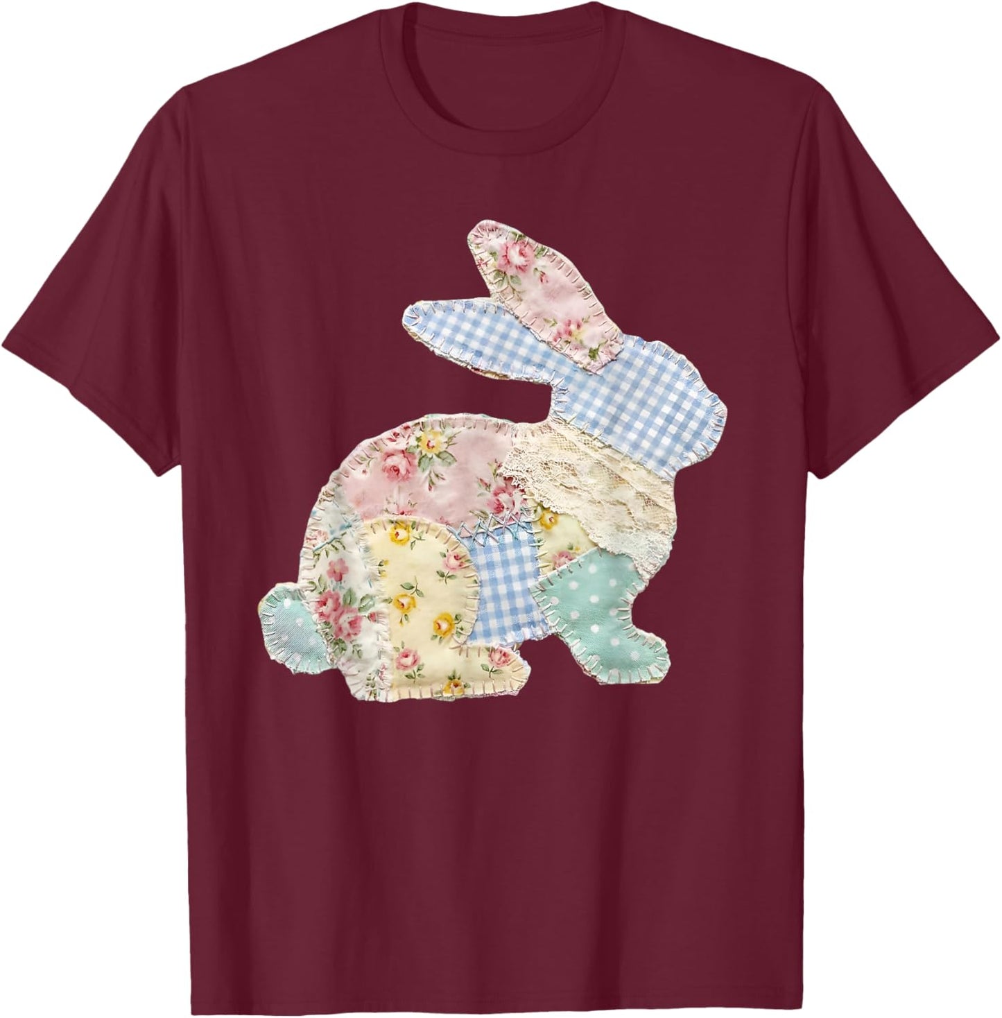 Funny Bunny Patchwork Rabbit Eggs Happy Easter Day Retro T-Shirt - T-Shirt | Maroon