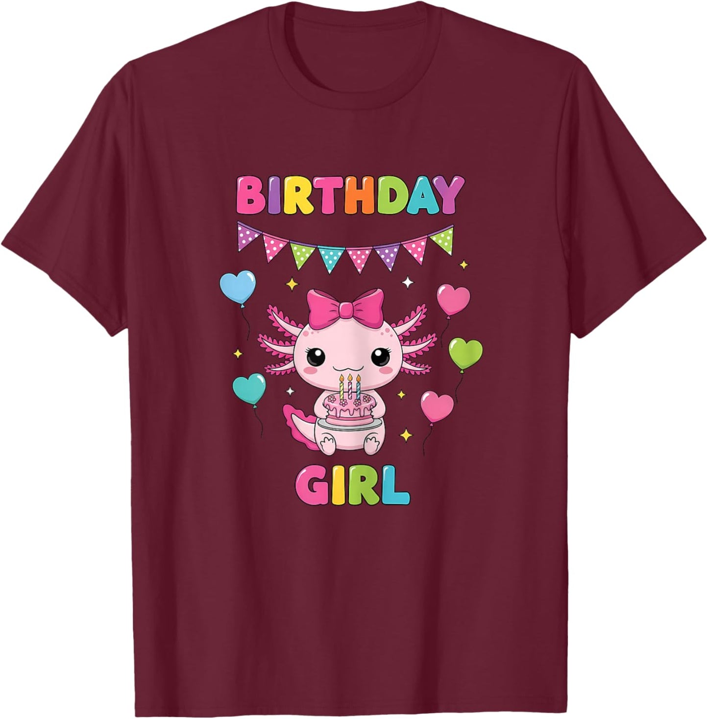 Cute Axolotl Bday Girl Big Pink Coquette Bow Girl Birthday T-Shirt - T-Shirt | Maroon