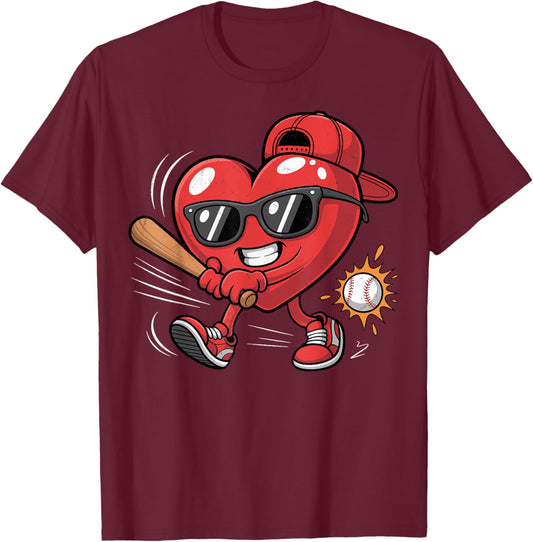 Valentines Day Heart Playing Baseball Boys Men Kids Girls T-Shirt - T-Shirt | Maroon