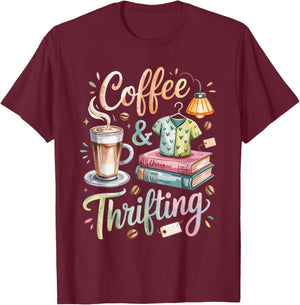 Watercolor Coffee and Thrifting T-Shirt - T-Shirt | Maroon