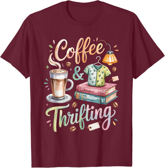 Watercolor Coffee and Thrifting T-Shirt - T-Shirt | Maroon