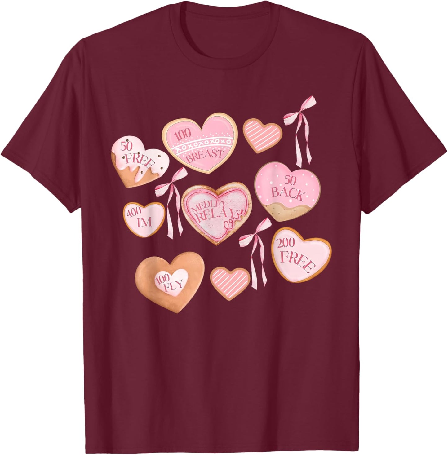 Cookie Valentines Bow Swimmer Swim Mom Coach Sports Game Day T-Shirt - T-Shirt | Maroon