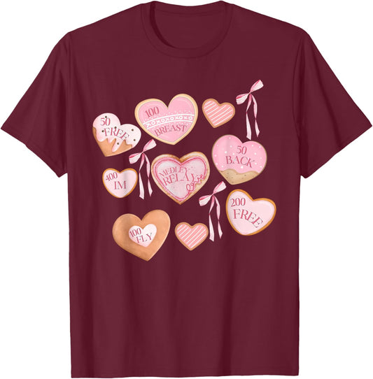 Cookie Valentines Bow Swimmer Swim Mom Coach Sports Game Day T-Shirt - T-Shirt | Maroon