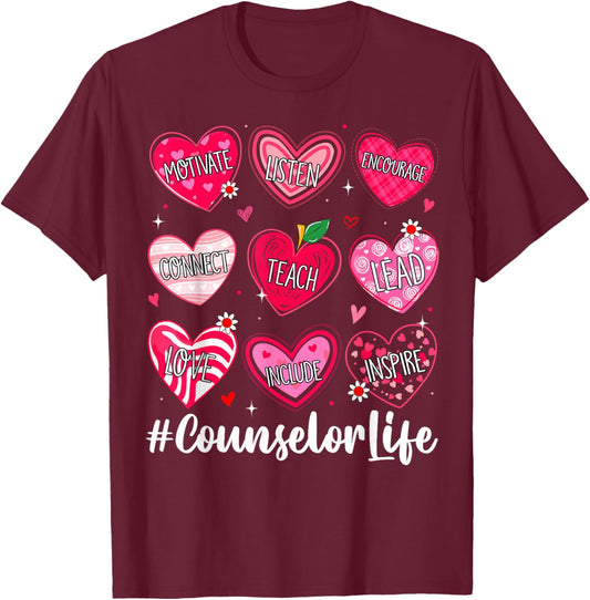 Counselor Life School Counseling Hearts School Valentine T-Shirt - T-Shirt | Maroon