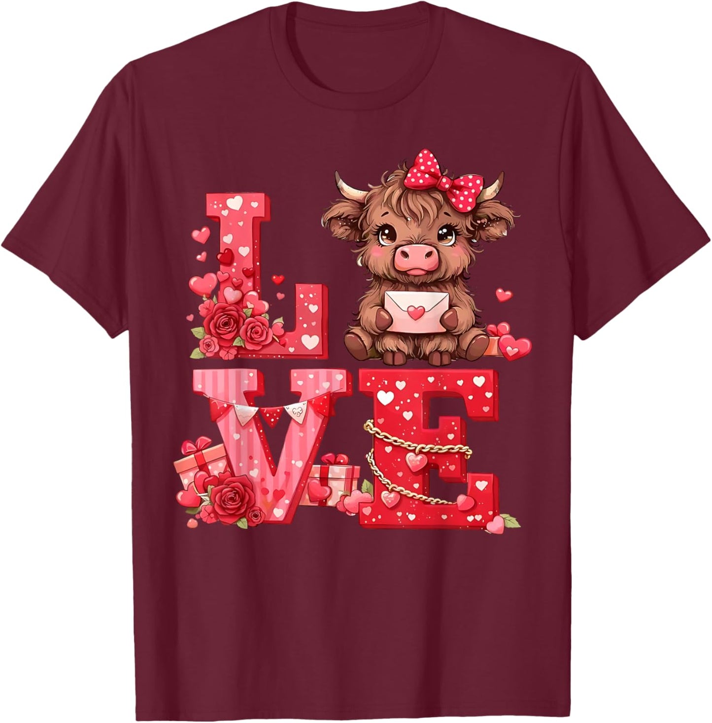 Love Western Highland Cows Valentine Cowgirl Hat T-Shirt - T-Shirt | Maroon