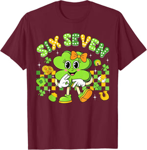 Funny Meme 6 7 St Patricks Day Six Seven Shamrock Girls Kids T-Shirt - T-Shirt | Maroon