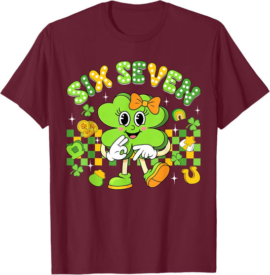Funny Meme 6 7 St Patricks Day Six Seven Shamrock Girls Kids T-Shirt - T-Shirt | Maroon