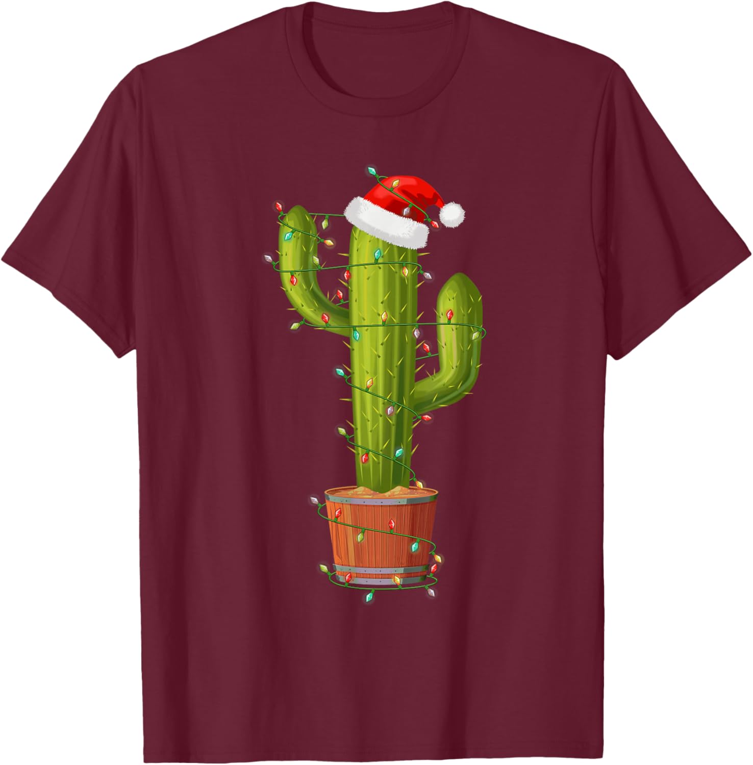 Funny Cactus Santa Hat Xmas Tree Lights Merry Christmas PJS T-Shirt - T-Shirt | Maroon