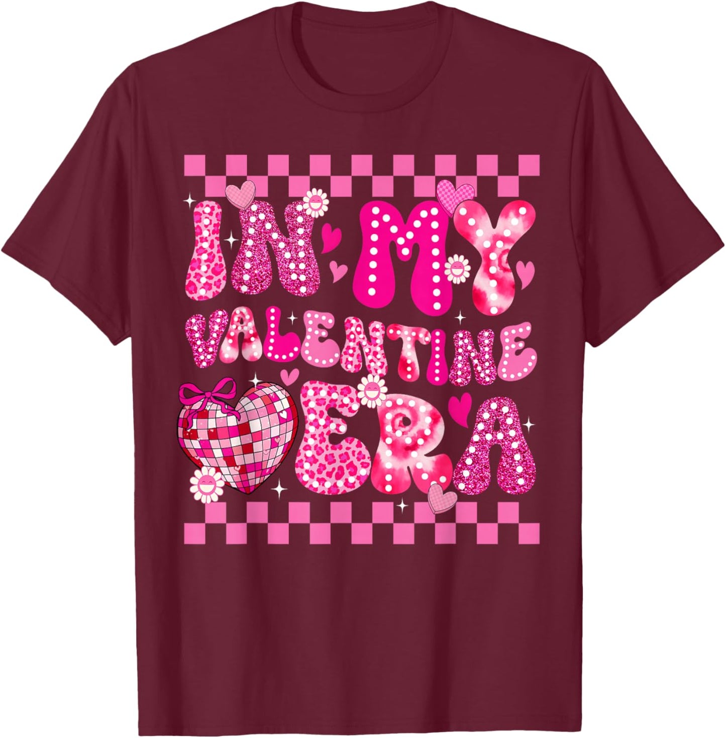 in My Valentine Era Disco Heart Girl Women Coquette Bow T-Shirt - T-Shirt | Maroon