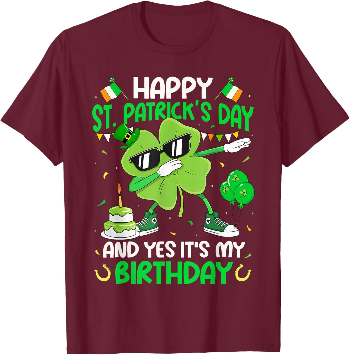 Happy St. Patrick's Day Birthday Dabbing Shamrock Boy Girl T-Shirt - T-Shirt | Maroon